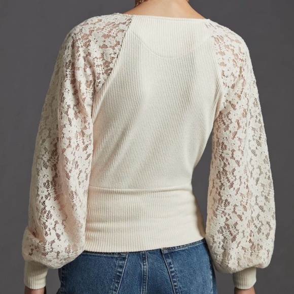 Anthropologie Lace Sleeve Ribbed Long Sleeve Top - Picture 2 of 10